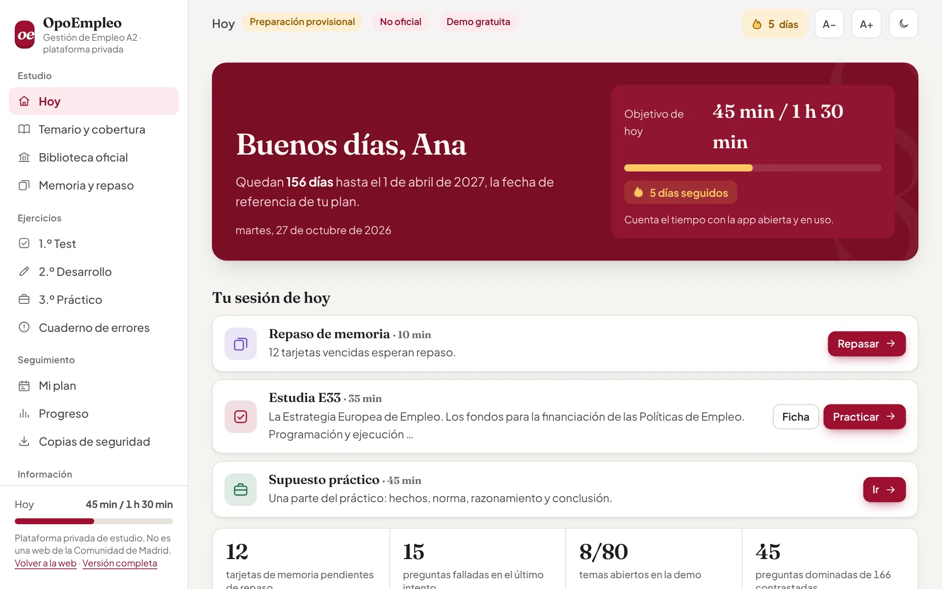 Pantalla «Hoy» de OpoEmpleo: objetivo de estudio del día, racha y sesión propuesta