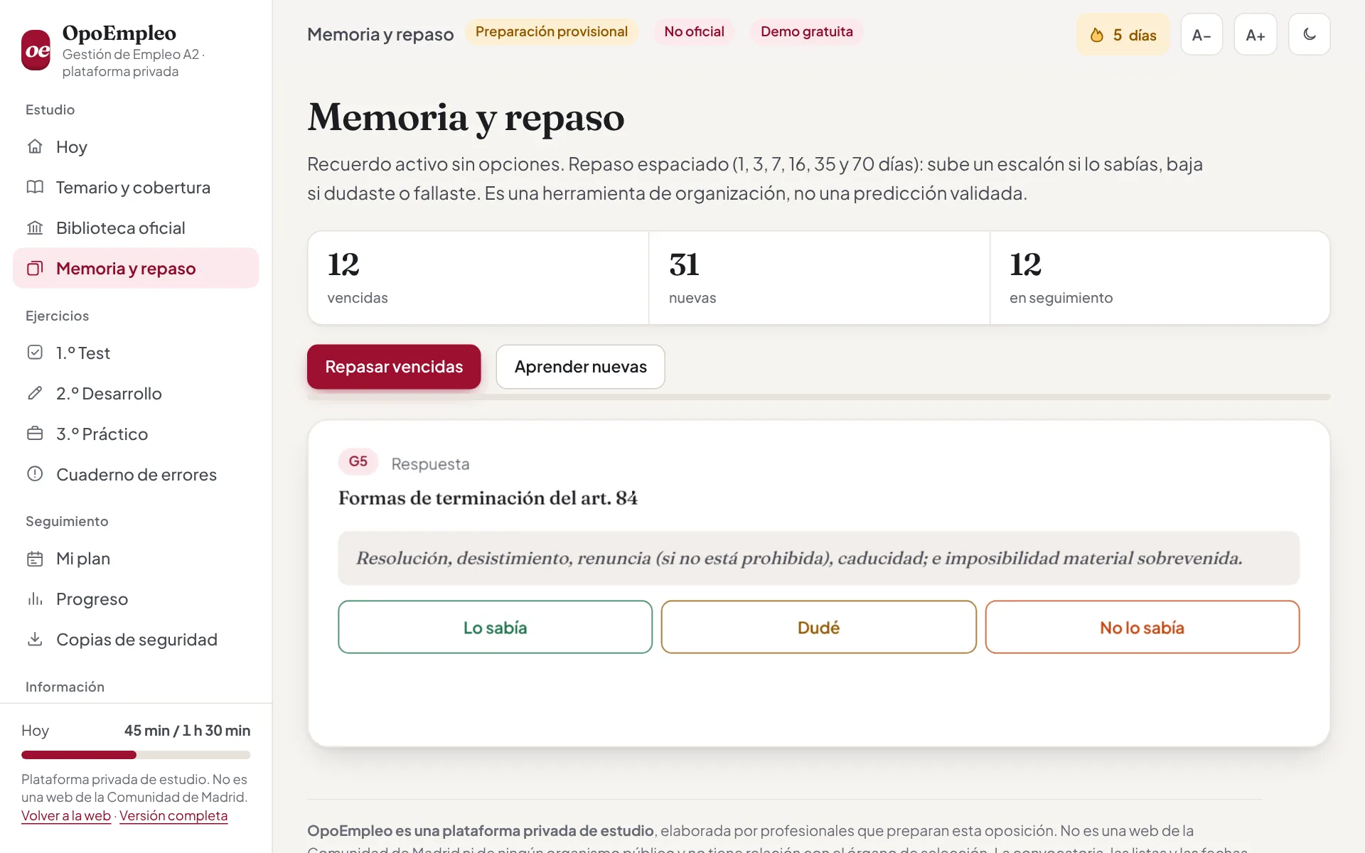 Tarjeta de memoria volteada con su respuesta y botones Lo sabía, Dudé y No lo sabía