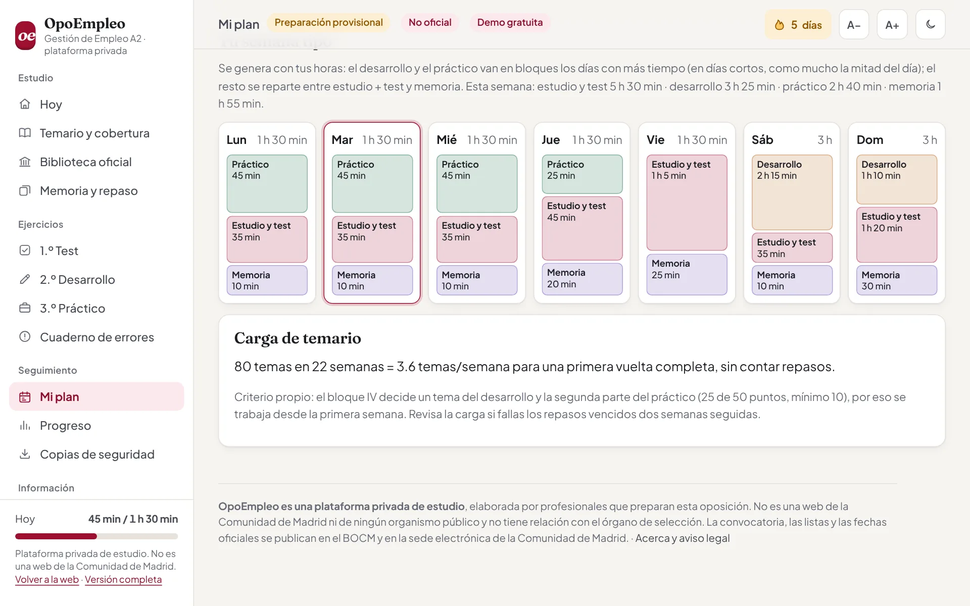 Semana tipo con bloques de estudio por día