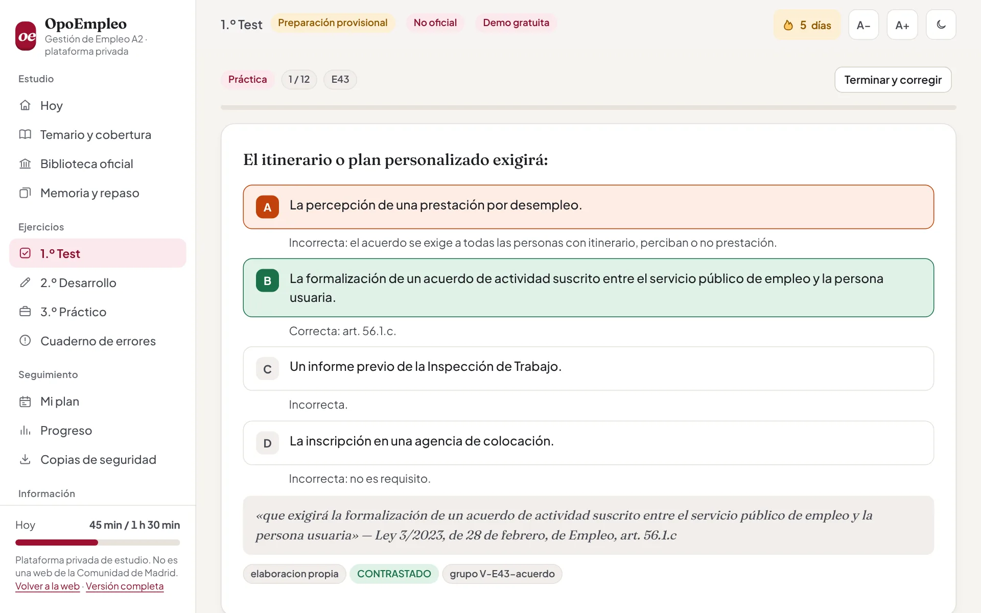 Pregunta corregida con explicación de cada opción y cita de la Ley 3/2023 de Empleo